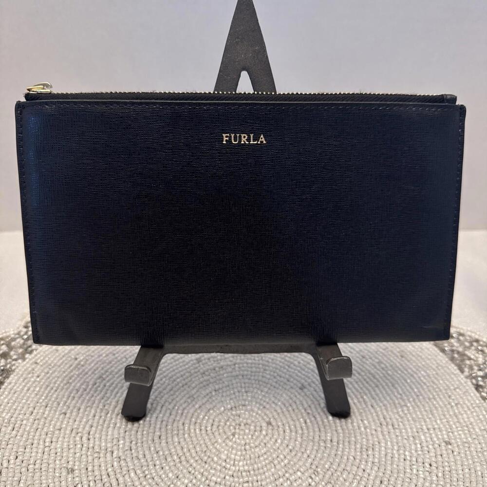 Furla Black Leather Clutch Gold Hardware